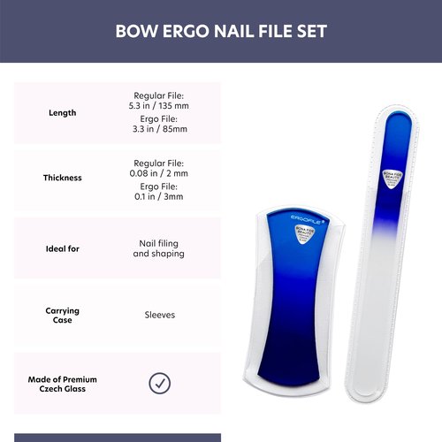 BONA FIDE BEAUTY Blue Czech Glass Nail File Kit 3-Pieces- Glass Curved File (Ergo File), and Cuticle Pusher