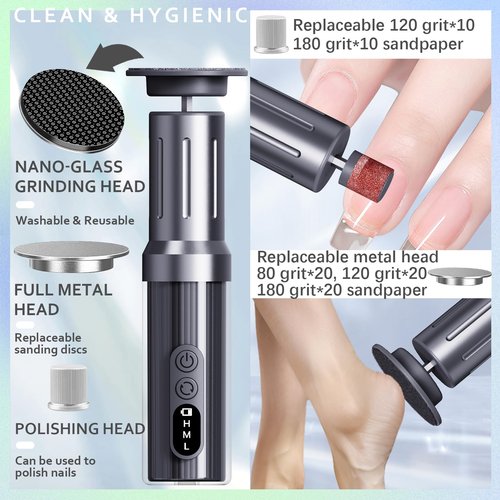 Electric Foot Callus Remover with Nano-Glass Head&Rechargeable Base,6 Speeds Cordless Electric Foot File with Digital Display,Callus Remover for Feet Dead Skin Home Spa Salon with 60Pcs Sandpaper Disk