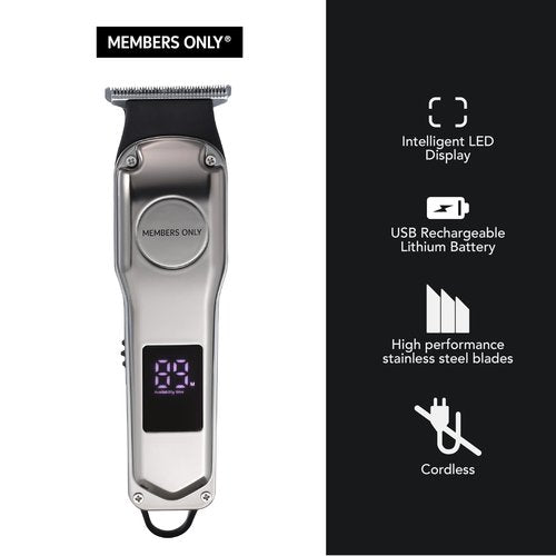 Members Only Hair Clipper, Men’s Lithium Cordless T-Blade, Stainless Steel Blades, USB Rechargeable, LED Display, 5 Comb Guides, Precision Kit for Hair Cutting and Grooming
