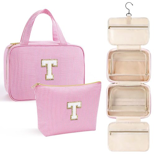YOOLIFE Hanging Toiletry Bag for Women - Travel Toiletry Bag Makeup Bag, Portable Toiletries Cosmetic Bag, Airplane Travel Essentials - Letter T, Pink