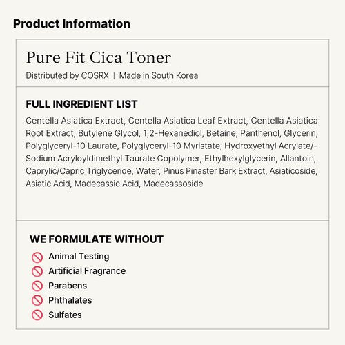 COSRX Pure Fit CICA Toner, 150ml / 5.07 fl.oz | Soothing Korean Toner for Sensitive Skin | Centella Asiatica Facial Toning Water | Korean Skin Care, Not Tested on Animals, Sulfates Free, Paraben Free