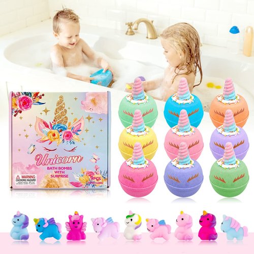 Unicorn Bath Bombs for Kids, 9 Large Kids Bath Salts with Squishy Toys Inside, Magic Unicorn Bath Balls with Surprise Inside for Girls…