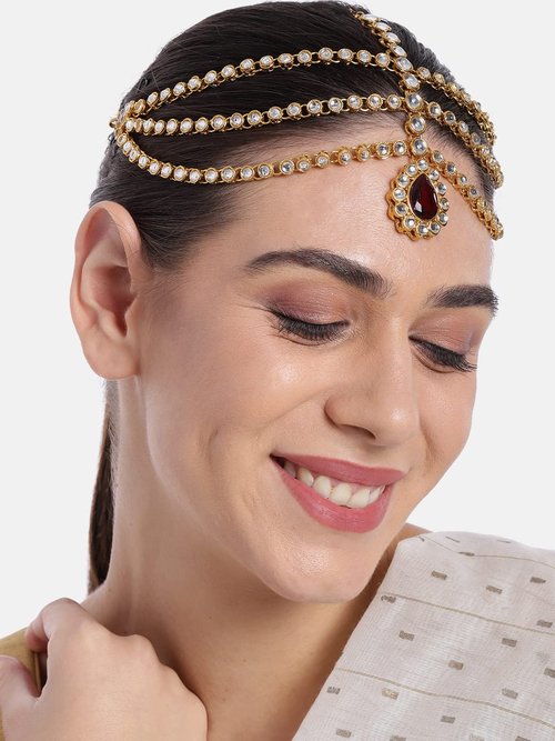 Aheli Indian Traditional Bollywood Faux Pearls Maang Tikka Matha Patti Gift for Women Jewelry Maroon