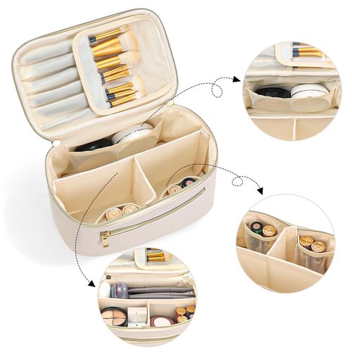 Travel Makeup Bag Organizer, Large Capacity Cosmetic Pouch for Women, Waterproof Make Up Bag with Divider, Clamshell Makeup Case Make Up Bag with Handle and Metal Zipper, Travel Essentials White