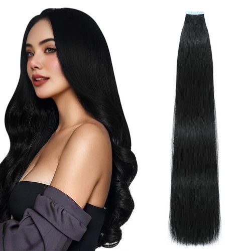 Tape in Hair Extensions Human Hair, Hair Extensions 20 Inch 20pcs Jet black Remy Straight Human Hair Tape in Extensions Skin Weft Tape Extensions Human Hair