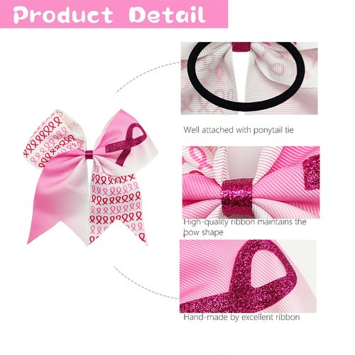 30pcs Breast Cancer Awareness Cheer Bows,7 Inches Pink Cheer Bows For Girls Women In October Cheerleading Hair Elastic Bands (Pink White)