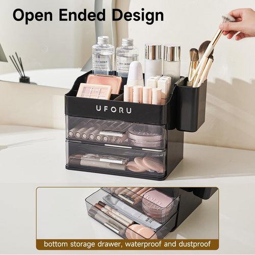 UFORU Makeup Organizer for Vanity with Brush Holder, Countertop Skincare Organizer with 2 Drawers, Spacious Cosmetic Display Case for Perfumes, Cologne, Shaving Lotion