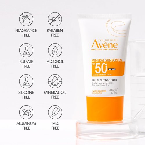 Avène Mineral Sunscreen Multi-Defense Fluid SPF 50+, Clean Formula Sunscreen for Sensitive Skin, Sheer, Water Resistant, Non-Whitening, Antioxidant Protection, 1.3 Fl Oz