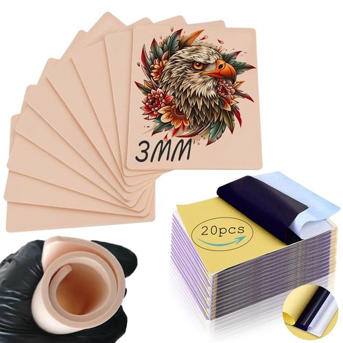 Yugui 30Pcs Tattoo Practice Skin Kit 3MM - 10Pcs Double Sided Reusable Fake Skin & 20Pcs Transfer Stencil Paper for Beginners to Professional Artists Thick Practice Supplies with Tracing Paper