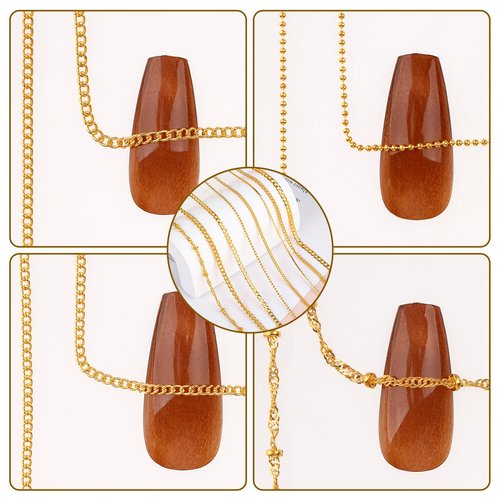 8 Strips Nail Art Chains Metal Chain Nail Charms Gold Nail Jewelry Chains 3D Nail Art Chain Nail Decorations Supplies Punk Nail Studs Accessories for DIY Making Nails Manicure Jewelry Tips Decor