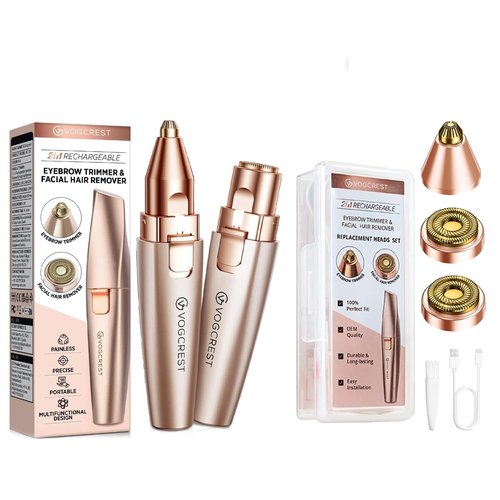 VG VOGCREST 2 in1 Eyebrow Facial Trimmer with Replacement Heads - Rechargeable Facial Hair Removal and Eyebrow Shaver - Face Lips Body Painless Facial Razor with Built-in LED Light (Rose Gold)