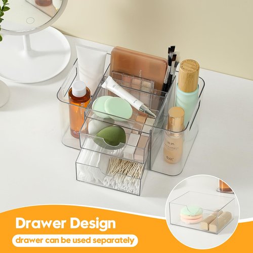 Imakmasion Acrylic Makeup Organizer for Countertop – 2 Drawers & 3 Compartments, Clear Storage Bin. Multi-use for Skincare, Cosmetics, Jewelry & Small Accessories, fits Vanity, Bathroom, Office, Craft