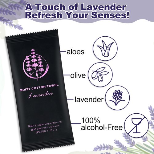 Moist Cotton Towel Bulk Moist Towelettes Individually Wrapped,White Towel Services,Refreshment Pre Moistened Towels for Dentist Travel Sport Party Hotel （Lavender,100)