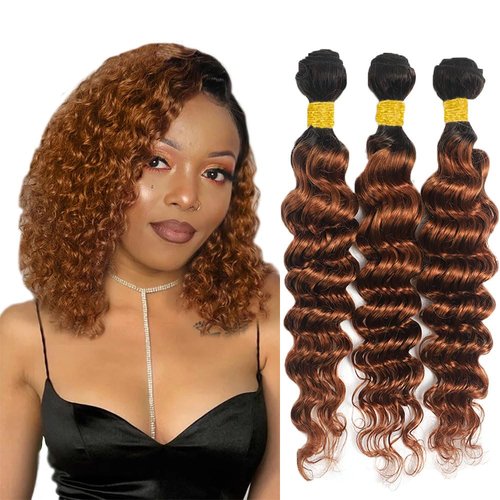 1B/30 Human Hair Bundles Brown Deep Wave Bundles Human Hair Ombre Bundle 8 10 12 Inch Brazilian Virgin Remy Hair Extensions Ombre Loose Deep Wave Bundle 3Pcs/Set Deals