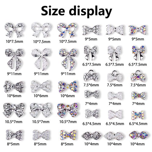 JERCLITY 33 Pcs Silver Alloy Bow Charms for Nails Bow Nail Charms Gems Bowknot Nail Studs Inlaid Pearl Clear Iridescent Rhinestone for Women Nail Art