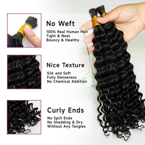 Topnormantic Human Braiding Hair for Boho Braids, 12A Boho Hair for Braiding Knotless Curly Natural Black 16 Inch 100g Unprocessed Brazilian Virgin Human Hair Bulk Tangle-Free Deep Wave Bohemian Braid