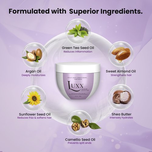 Luxx Violet Deep Conditioning Hair Mask by Moehair USA, Inc - Hydrating Purple Hair Mask for Color-Treated Hair, 8 Fl. Oz - Neutralizes Yellow Tones & Brassiness, Vegan, Paraben & Sulfate-Free
