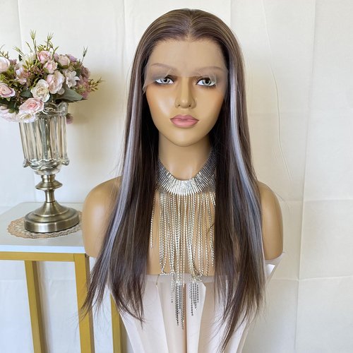 CIMITIKI Ash Brown Wigs Mixed Platinum Color Highlight Silk Straight 13x4 Lace Front Wig Synthetic Fiber 18Inch Pre Plucked Hairline for Women
