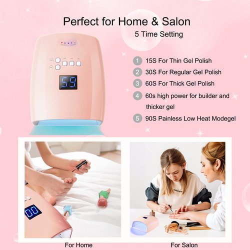 UV Light for Nails, BNYLFGX Cordless UV Nail Lamp for Gel Nails 66W, Rechargeable LED Nail Dryer with 5 Timer Setting Auto Sensor Fast Nail Light Curing Lamp for Salon & Home, Pink