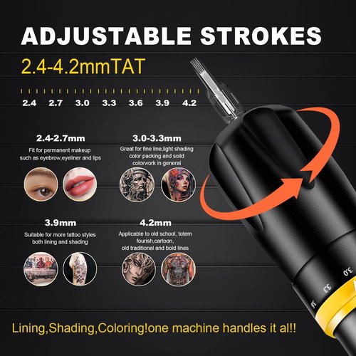 KVM Tattoo Gun Kit,Wireless Tattoo Machine,7 Adjustable Stroke Options,Shorter Body Design,1500mAh Power Supply (Tattoo ink is for tattoo practice only)