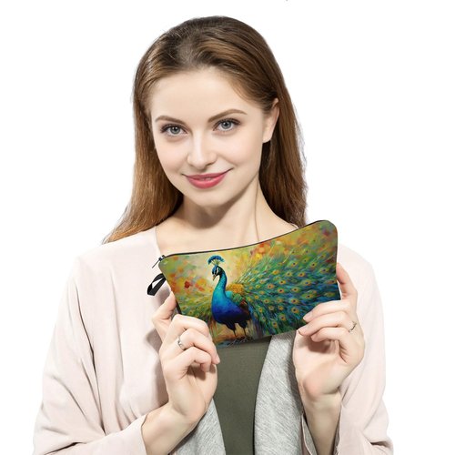 YULUENZE Peacock Pattern Makeup Bag - Cute Small Organizer With Zipper, Cosmetic Bag for Peacock Lovers - Birthday Gifts for Women, Sisters, Friends