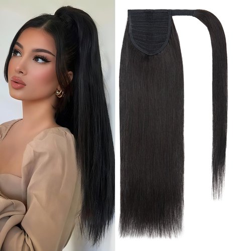 Rich Choices Ponytail Extension 100% Real Human Hair Wrap Around Remy Ponytail Extension for Women Clip In Long Pony tail Extensions Straight 15 Inch #2 Dark Brown