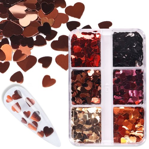 6 Grids 3D Heart Nail Glitter Sequins Valentine's Nail Art Stickers Love Nail Decals Holographic Laser Heart Nail Designs Red Black Rose Gold Heart Glitter for Acrylic Nails Decorations