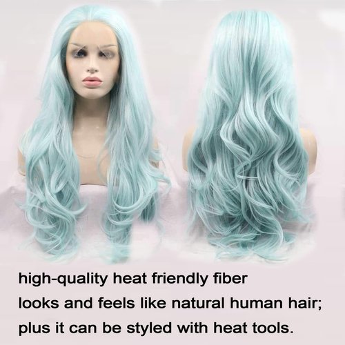 AFBeauty Blue Wigs for Women Light Long Wavy Neon Blue Lace Front Wig Pre Plucked Hairline Free Part Colorful Pastel Baby Blue Glueless Real Hair Wig Synthetic Heat Resistant Daily Holiday 24 Inch