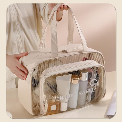 DAPOWER Travel Toiletry Bag for Women and Men, Beach Bag Waterproof Sandproof, Large Clear Tote for Gym Pool Beach Summer Vacation (Beige)