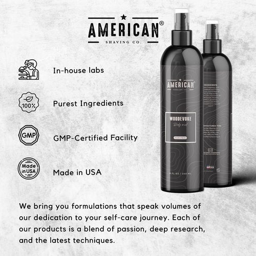 American Shaving Co. Woodevoke Body Mist For Men 8 oz, Made in USA, Quick Absorption, Quality Potent Ingredients, Long-Lasting, Non-GMO, GMP Certified, Cruelty-Free Products