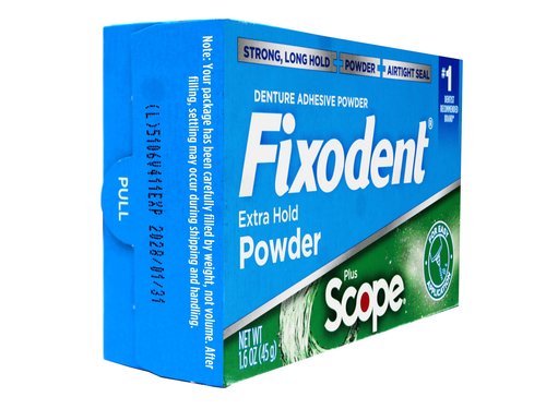 Fixodent Denture Adhesive Powder, Extra Strong, Plus Scope, Strong, Long Hold Powder, Airtight Seal, 1.6 OZ, Pack of 3