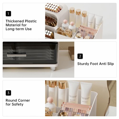 UFORU Makeup Organizer for Vanity with Brush Holder, Countertop Skincare Organizer with 2 Drawers, Spacious Cosmetic Display Case for Perfumes, Eyeshadow Palettes, Nail Polishes