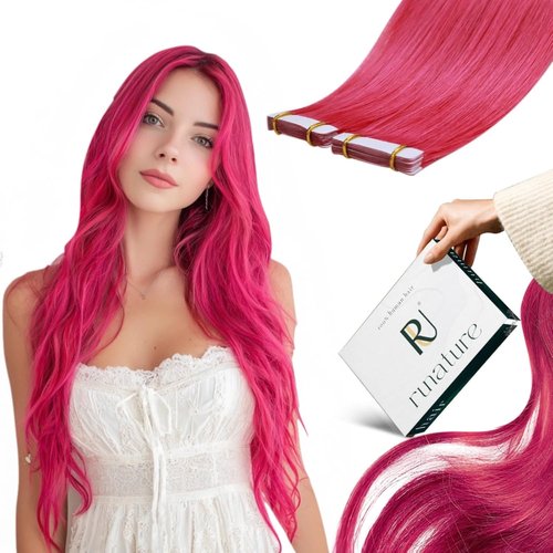 RUNATURE Tape in Hair Extensions Human Hair 22 Inch Hot Pink Hair Extensions Tape Ins Skin Weft Invisible Pink Tape in Extensions Highlighted Colored Hair, Tangle-free 25g 10pcs