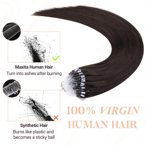 MAXITA Microlink Hair Extensions Human Hair Dark Brown Micro Bead Hair Extensions Virgin Human Hair, 50g/50 Strands/Pack, 16 In