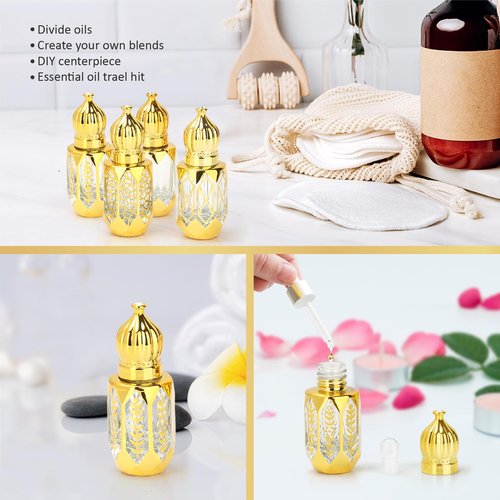 CHSEEO 4 Pcs Vintage Deodorant Roller Bottle for Essential Oil, 6 ML Empty Glass Perfume Mini Travel Bottle with Stainless Steel Roller Ball Refillable Empty Container - Gold