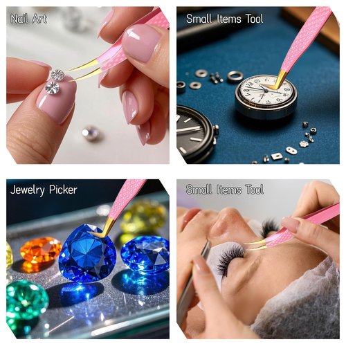 TIESOME Lash Tweezers for Eyelash Extensions, 2 PCS Pink Stainless Steel Eyelash Tweezers Set Premium Curved Tip Precision Lash Tweezer Professional False Eyelashes Application Tools