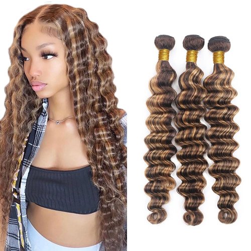 4/27 Bundles Human Hair Ombre Deep Wave Bundles Unprocessed Brazilian Remy Hair Extensions 14 14 14 Inch Highlight Honey Brown Bundle Ultra Soft No Tangle For Women Deals
