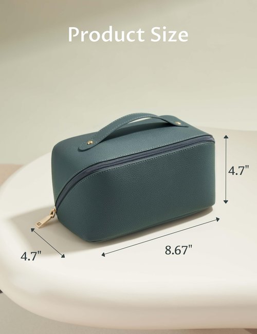 Yarnic Green Travel Makeup Bag Pouch Cosmetic Bag, Large Capacity Toiletry Bag for Women, Portable Pouch Cute Make Up Organizer with Divider and Handle, PU Leather (Gray Green)