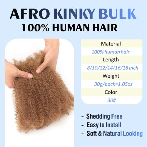 afro kinkys bulk human hair 8-28 inch afro kinky bulk 100% human hair for dreadlock extensions repair loc making twists (30#, 18inch)