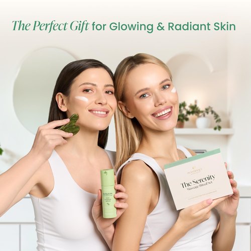 PLANTIFIQUE Massage Ritual Set: Premium Certified Jade Gua Sha + Jojoba Oil & HA Serum Skin Care Set, Birthday Gifts for Women, Teens, Mom, Brides