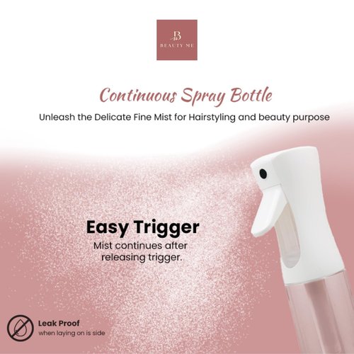 BEAUTY ME Continuous Mist Spray Bottle - 10.1oz Fine Mist Sprayer for Hair Styling, Cleaning, Plants, Salons, Essential Oils, and More - White