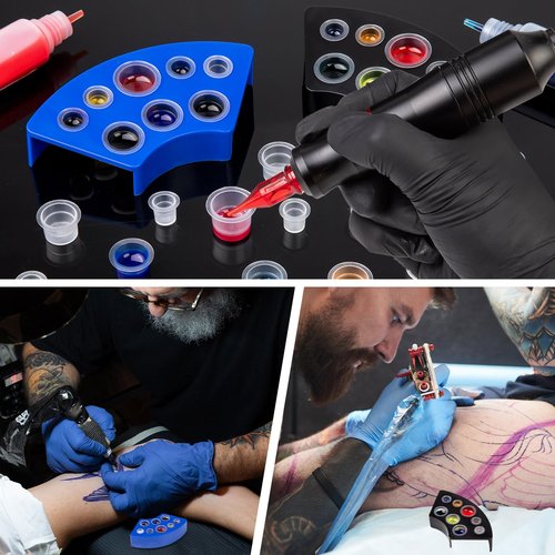 Tattoo Ink Caps Kit, 500 PCS SML Mixed Size Tattoo Ink Cups with 2 Ink Cap Holders, Disposable Plastic Pigment Caps for Tattooing Set Tatoo Supplies Accessories