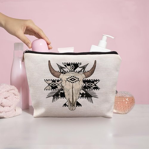 uinwk Aztec Western Makeup Bags for Women, Cow Makeup Bag, Bull Skull Western Cosmetic Bag, Western Gifts for Women, Cowgirl Gifts, Cowgirl Stuff, Western Stuff for Women