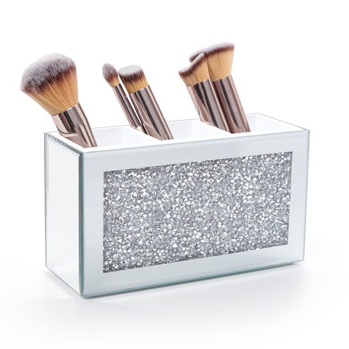 SWTHONY Silver Makeup Brush Holder Organizer, Bling 3 Slot Crushed Diamond Crystal Mirrored Cosmetic Brushes Storage, Eyeliners Eyebrow Pencil Display Case