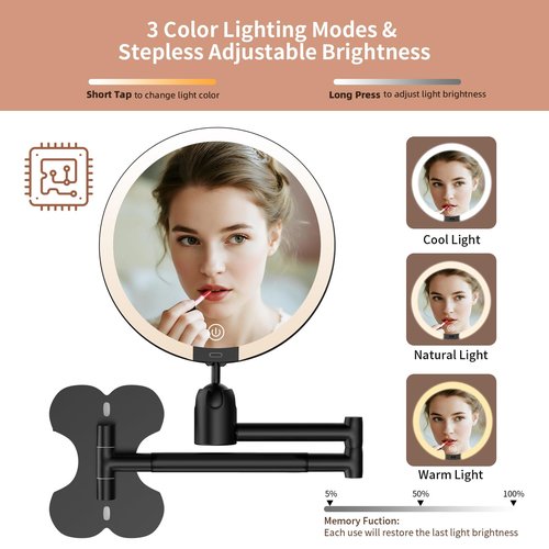 30X/1X Wall Mounted Lighted Makeup Mirror, 6inch Double Sided 1X/30X Magnifying Makeup Mirror with 3 Color Lights, Rechargeable Bathroom 30X Magnification Mirror 360° Rotation Extendable Folding Arm