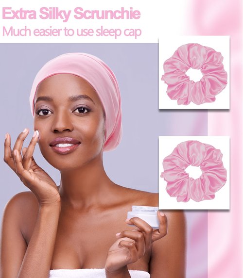 Satin Lined Sleep Cap Bonnet for Sleeping Women, Silk Satin Bonnet for Curly Braids Hair Wrap Cover Night Cap Slouchy Beanie Pink