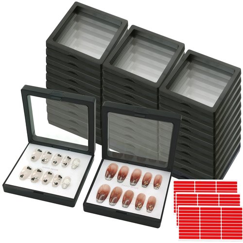 GUXACU 32 Pack Press On Nail Packaging Boxes 3D Floating Press On Nail Storage Box Nail Display Box with 90pcs Double Sided Adhesive Nail Display Tape for Nail Tech