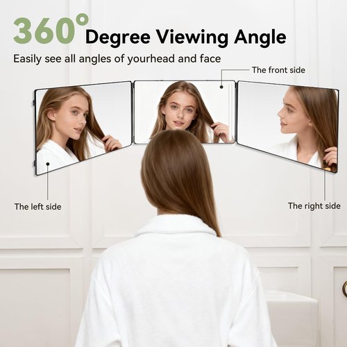Moruedtu 3 Way Mirror with Light,Trifold Barber Mirror for Self Haircut,360° View HD Glass with Dimmable LED, Height Adjustable Hooks for Home &Travel Grooming, Braiding,Shaving & Makeup(Black)