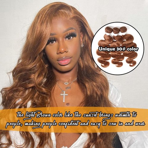 X-TRESS 14inch Light Brown Body Wave 1 Bundle Brazilian Virgin Hair Body Wave Bundles Good for Black Women Virgin 100% Human Hair Weaves Body Wave Human Hair Weft(14inch,30#)