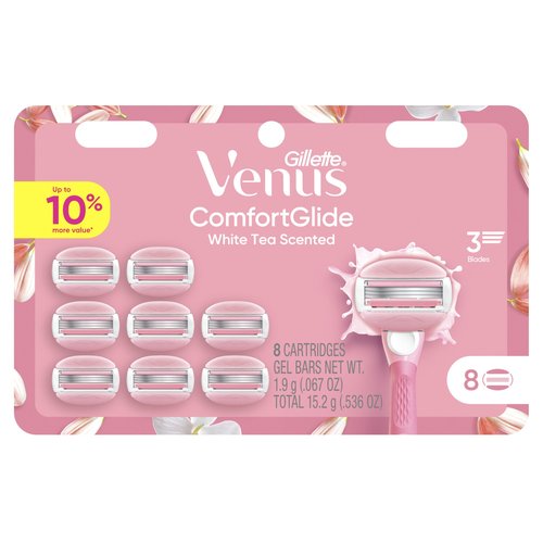 Venus ComfortGlide White Tea Women's Razor Blades, with Built-in Shave Gel Bars, 8 Razor Blade Refills